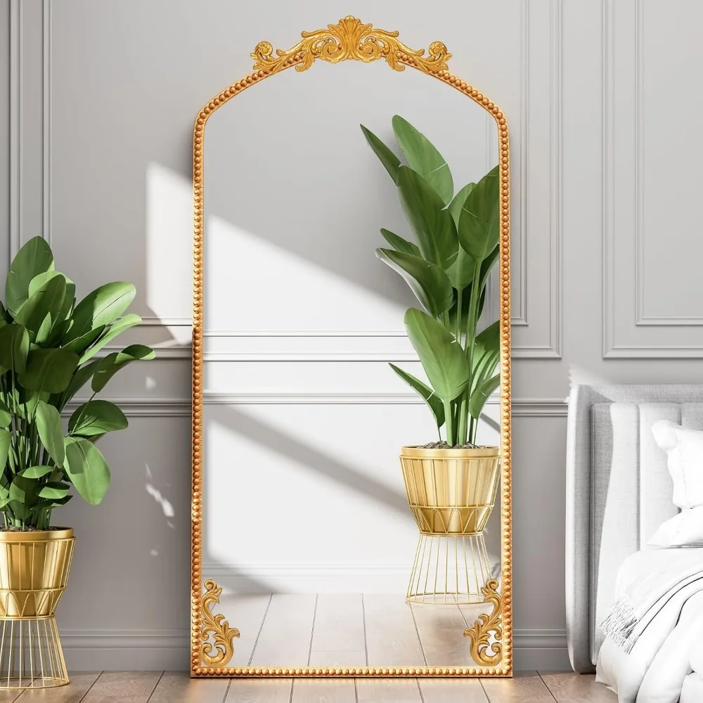 

Gold Arched Full Length Mirror 71"×32", Large Luxurious Baroque Inspired Floor Mirror, Ornate Antiqued Hanging Mirror For Wall W