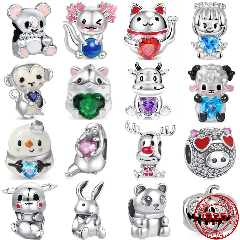 New 925 Sterling Silver Monkey cat pig cow mouse Charm bead Fit Original Pandora Bracelet DIY Jewelry For Women