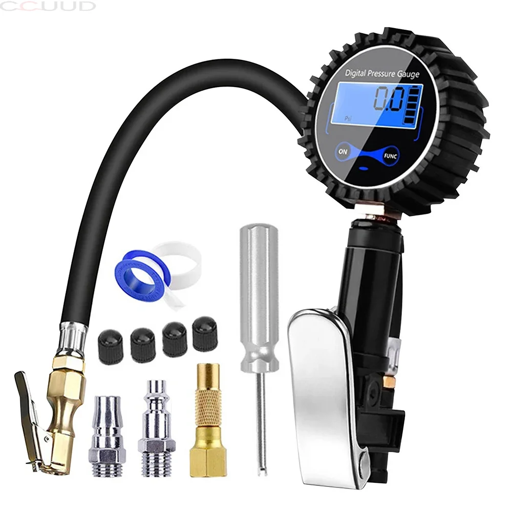 

Inflation Monitoring Manometer Aluminum Alloy Air Line Clip-on Tyre Pump Tire Pressure Inflator Gauge Universal LCD Digital