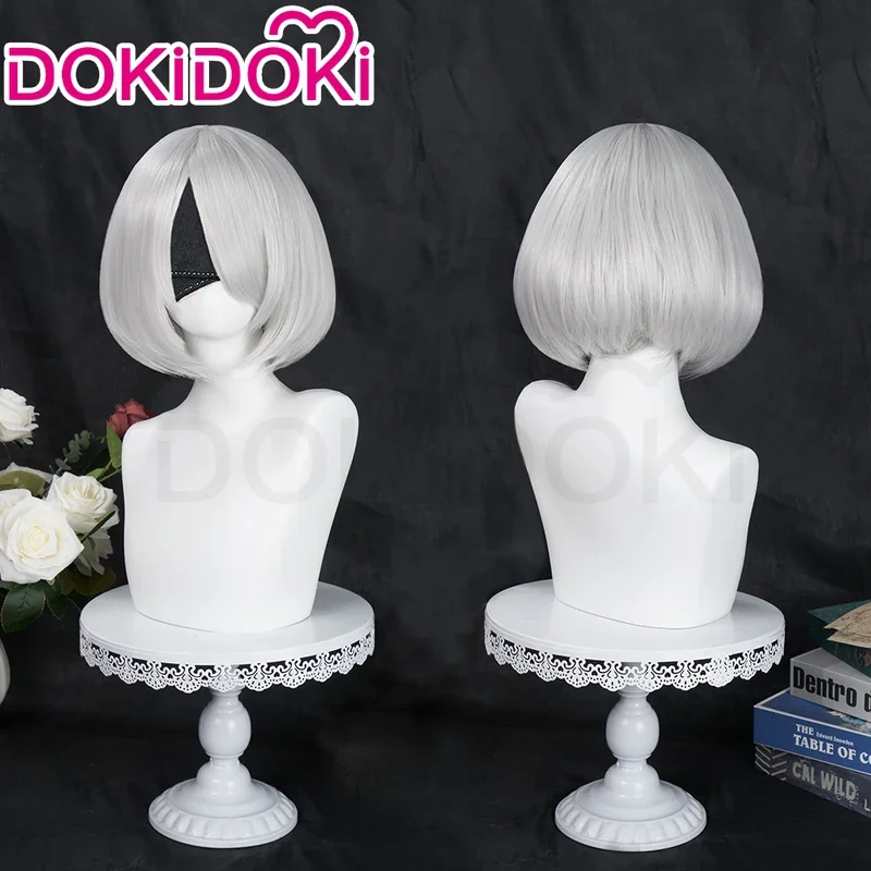 DokiDoki YoRHaa Game Cosplay Wig para Mulheres, 2B, Curto, Branco, Resistente ao Calor, Cabelo, Boné de Peruca Grátis, Tipo B, Em Stock