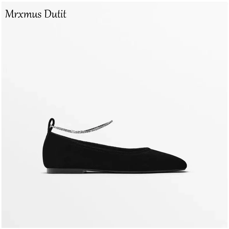 Mrxmus Dutit Brand Velvet Flat Bottomed Square Toe Single Shoes Shallow Mouth Rhinestone Decorative Ballet Shoes