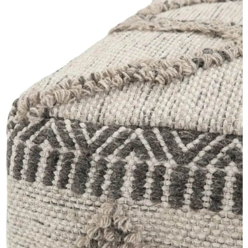 Sweeney Square Pouf, Footstool, Upholstered in Grey, Natural Handloom Woven Wool and Cotton Pattern, for the Living Room