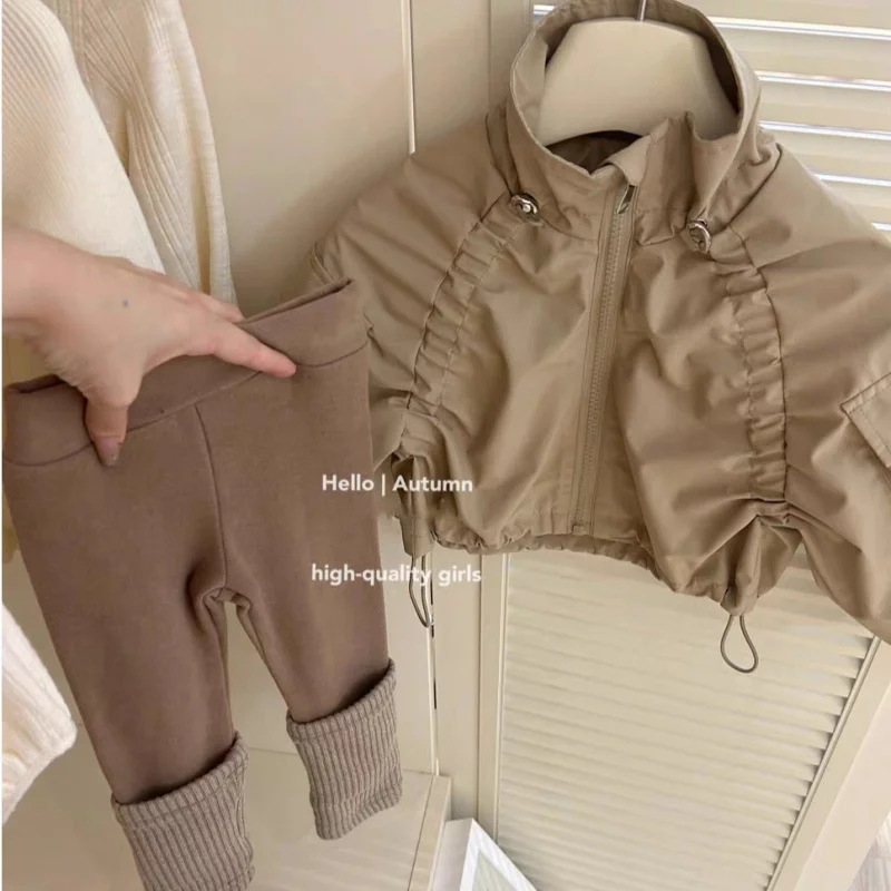 

Girls' Spring and Autumn Khaki Coat New Style Baby Girls' Western Style Brown Leggings Suit