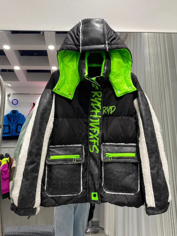 Streetwear denim contraste para baixo jaqueta moda feminina na moda destacável boné parker engrossado quente masculino e senhoras casaco de casal