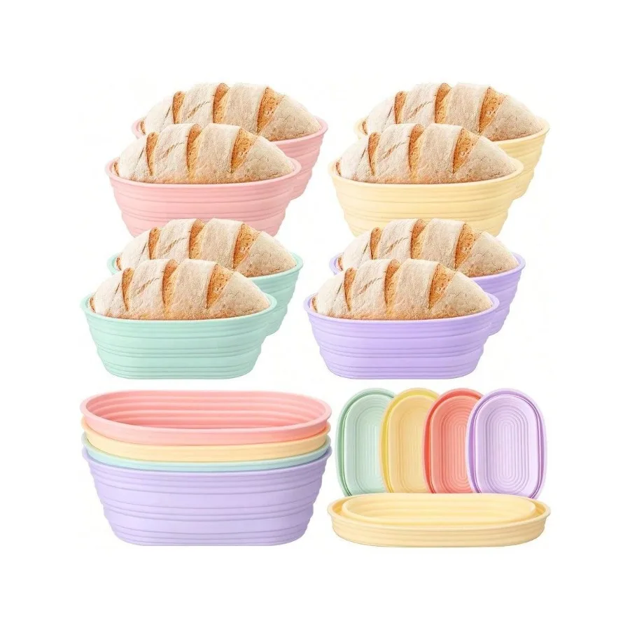 

Набор из 8 силиконовых корзин Honeydak для расстойки хлеба, овальные корзины-баннетоны 10 дюймов, складные, для выпечки хлеба на закваске, антипригарные