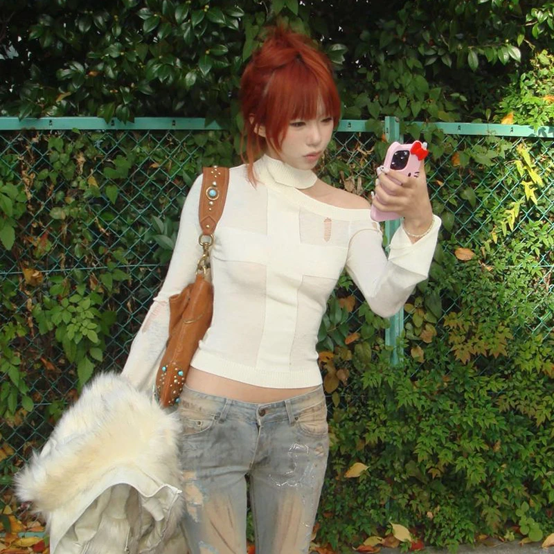 Karrram Japanese Y2k Knitted Tops 2000s Aesthetics Long Sleeve Knit T-shirt Vintage Harajuku Off Shoulder Knitwear Korean Style