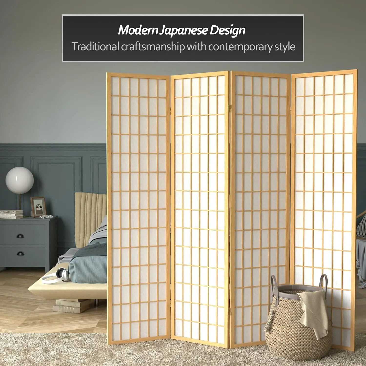 4-Panel Shoji Screen with Window Pane Design, 6 ft Tall, Natural