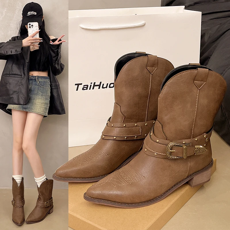 

2025Womens Mid-Calf Boots Retro Stacked Short Boots Luxury Casual Leather Boots for Women Fashion Western Knight Boot