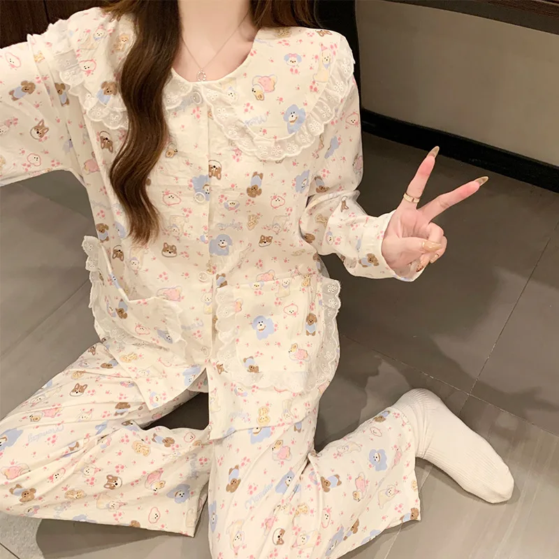 Cute Pajamas Cartoon Lace Doll Collar Long Sleeve Sleepwear Women Sweet Style Mama and Young Woman Homewear Samll Dog Print image 3
