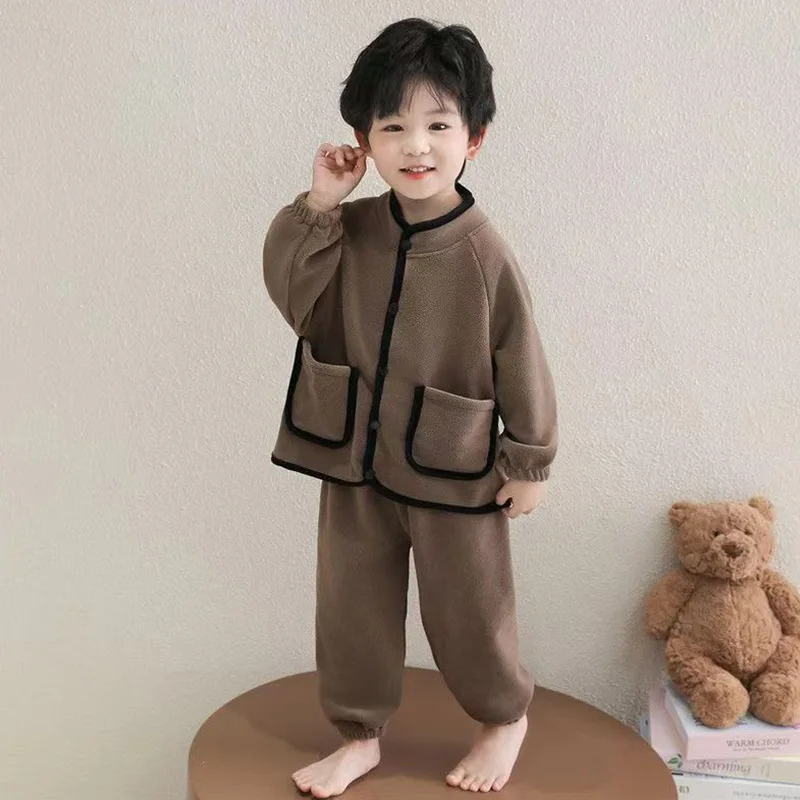 

Детский теплый флисовый пижамный комплект для мальчиков и девочек, осень-зима 2026, с длинным рукавом, кардиган, домашняя одежда, мягкая детская одежда для сна с карманами