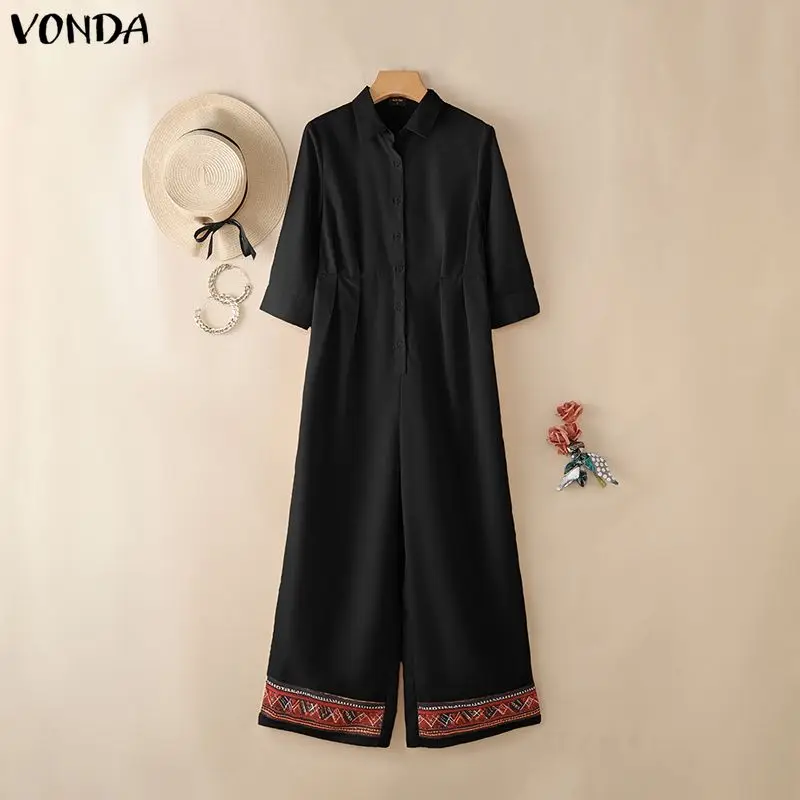 Casual Jumpsuits Plus Size VONDA 2026 Women Long Rompers Elegant Office Lady Overall Patchwork Loose Long Sleeve Playsuits