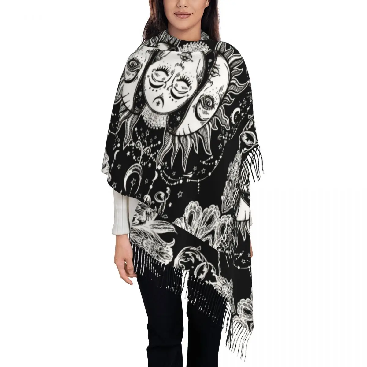 Tarot Divination Scarf for Womens Winter Warm Pashmina Shawls and Wrap Mysterious Sun and Moon Bohemian Long Scarves with Tassel