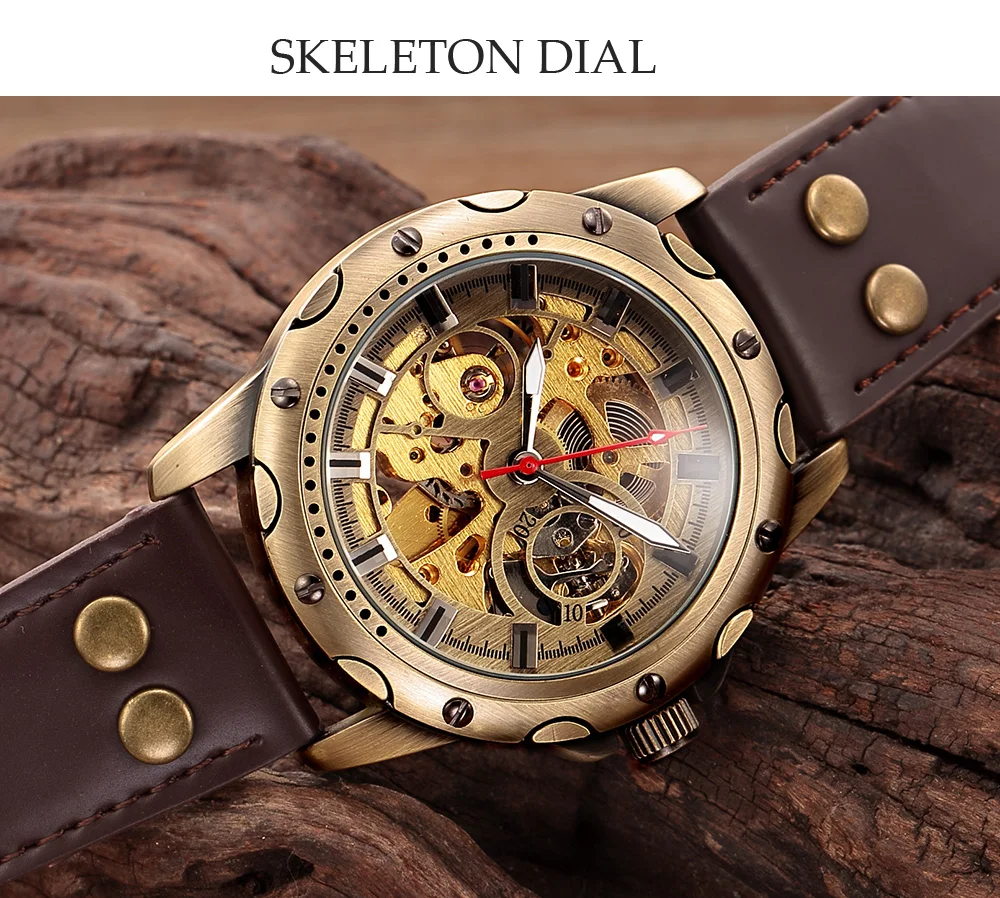 SHENHUA Orologio meccanico automatico scheletrato in bronzo retrò Puntatore luminoso Orologi impermeabili Orologio da uomo di lusso delle migliori marche