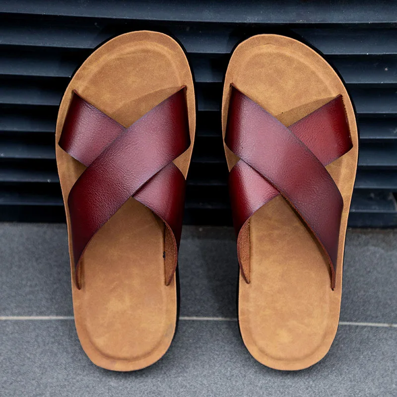 Men Shoes New Arrivals Italian Leather Slippers Men Summer Hotel Beach High Quality Slip on Light Flats Male Flip Flops Big Size