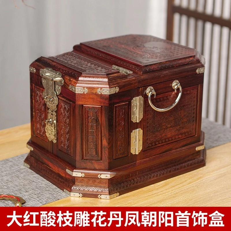 

Big red rosewood mahogany jewelry box hand jewelry storage box wedding dowry dresser retro solid wood mirror