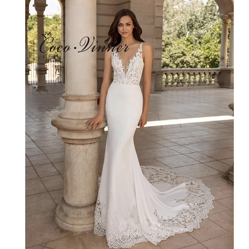 

Customized Illusion Back Long Court Train Mermaid Bride Dress Lace Appliques Slim Style Classic Mermaid Wedding Dresses W1319
