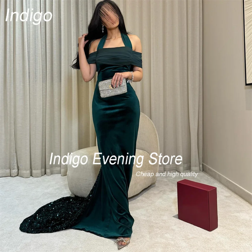 Abito da sera a sirena con scollo all'americana Indigo 2025 con spalle scoperte Piega con paillettes Aperto sul retro Abito da ballo formale per feste فساتmaveraPersonalizzato