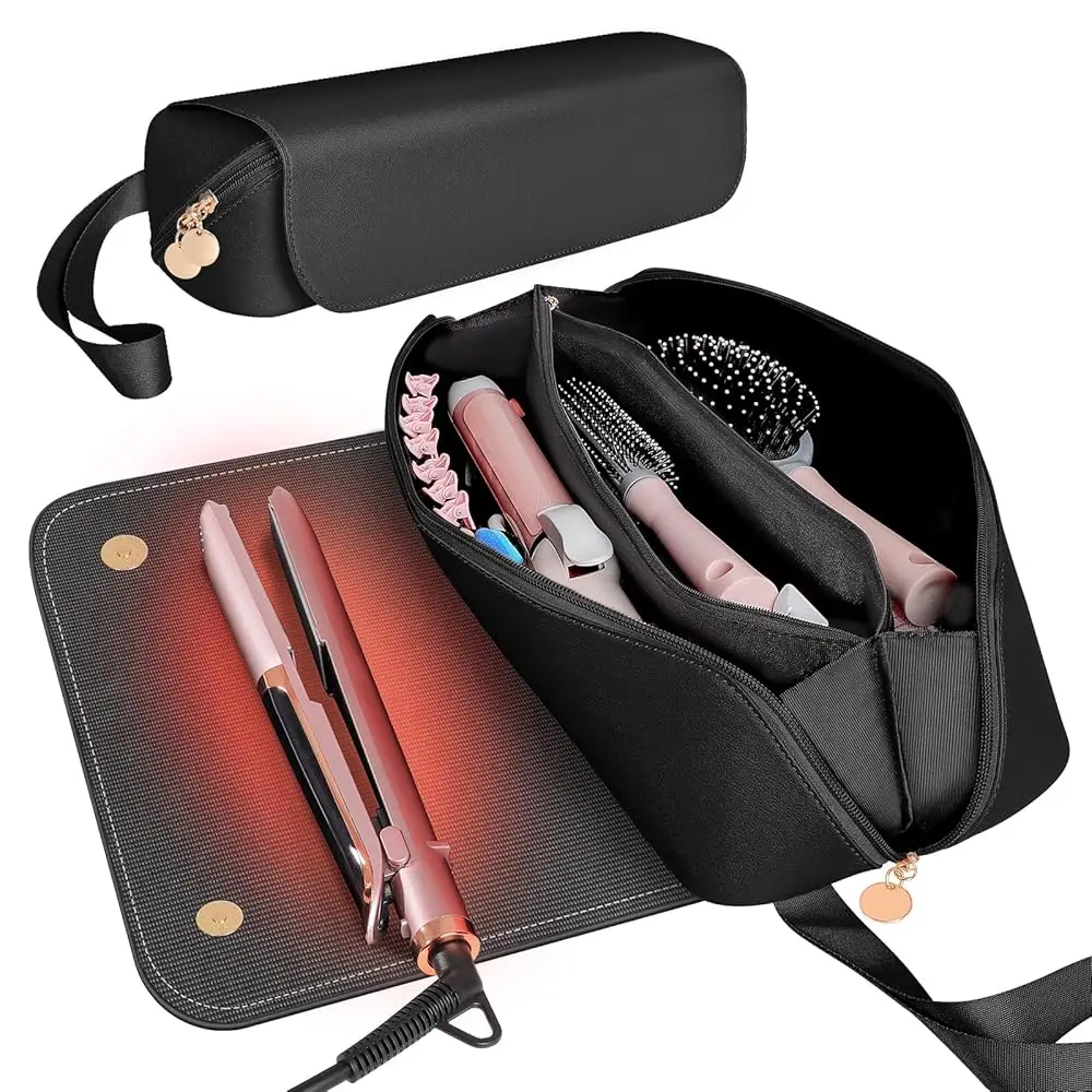 

Hair Tools Travel Bag And Heat Resistant Mat For Hot Tools, Leather Curling Iron Travel Case For Hair Tools, Portable Travel