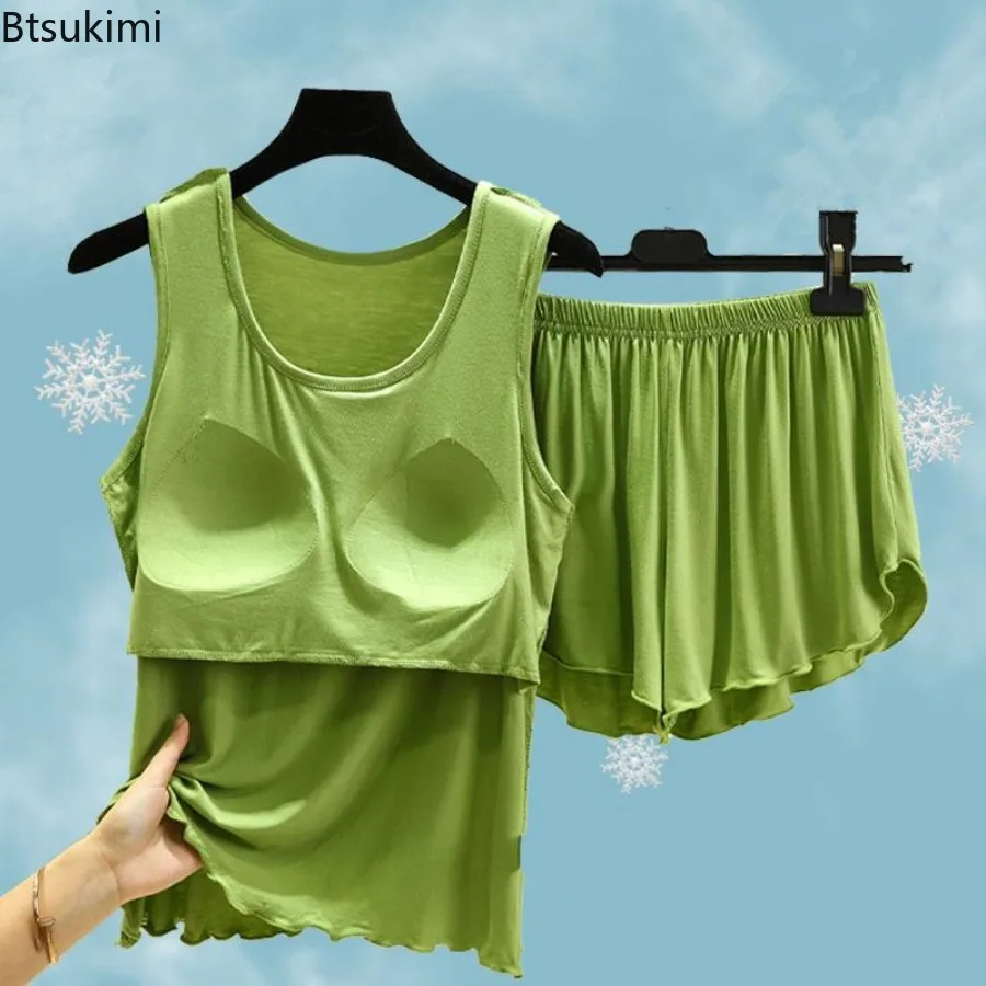 

2026 женские летние тонкие пижамы без рукавов с круглым вырезом и подушкой на груди, жилет из модала, шорты, 2 шт., верхняя одежда, повседневная домашняя одежда