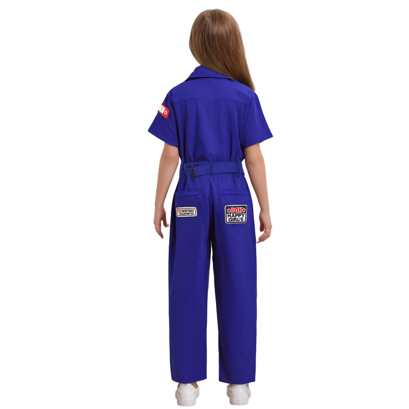 Traje de baile callejero de Hip-Hop para niños y niñas, mono con estampado de letras, mono con bolsillos de manga corta y cuello vuelto con cinturón