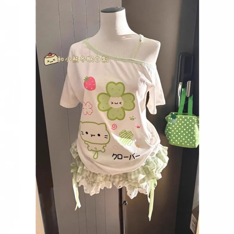 Kawaii Four Leaf Clover Cat Print Off Shoulder T Shirt Women Summer Green White Patchwork Loose Casual Top For Young Soft Girls