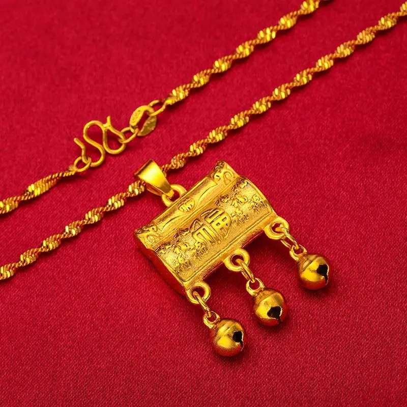 Gold-Plated Brass Vietnamese Sand Gold Longevity Lock Pendant Necklace for Men and Women, Children's Jewelry Gift