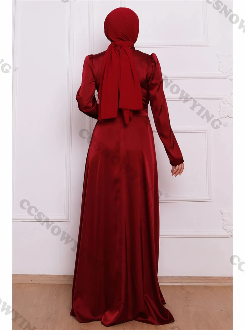 Robe de Soirée de Forme Trapèze en Satin à Manches sulfpour Femme Musulmane, Vêtement Islamique avec Hijab, Disponible en Bordeaux, Style Arabe et Dubaï