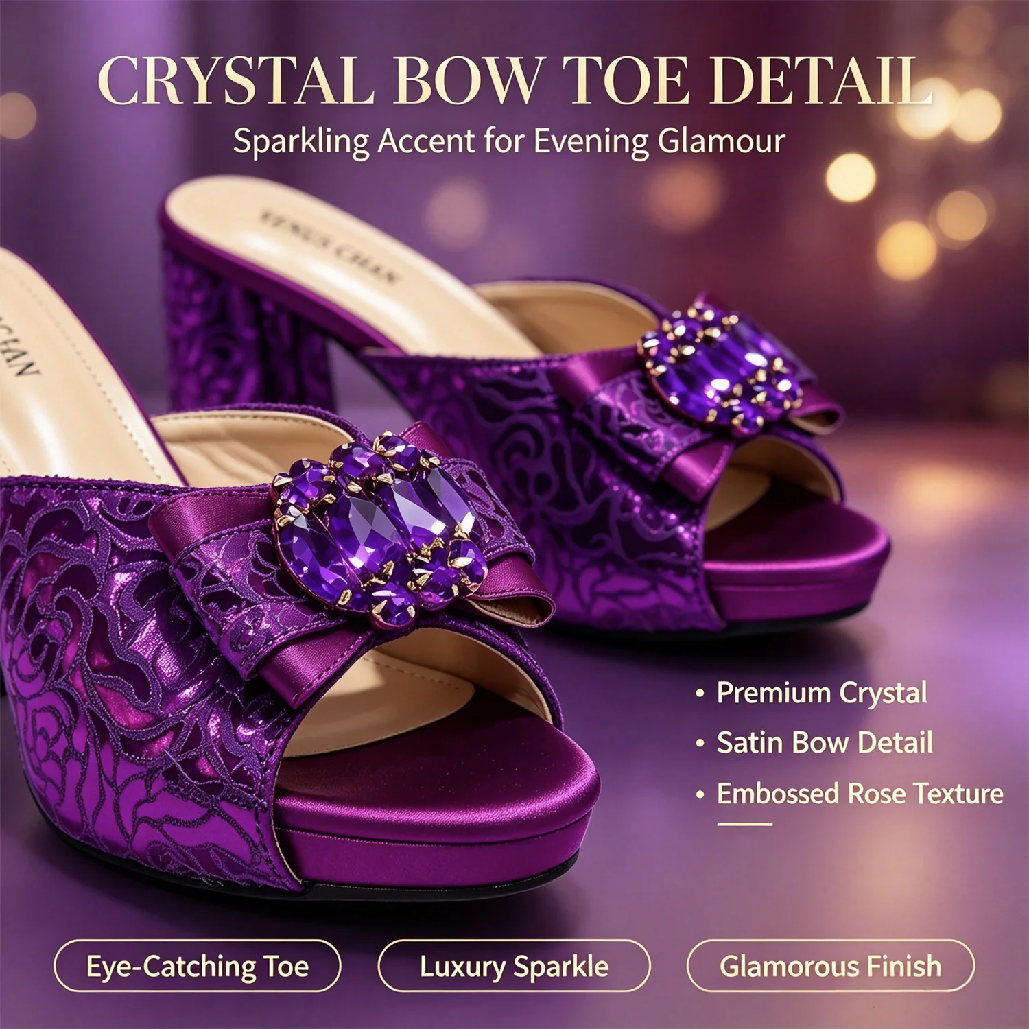 Conjunto de zapatos y bolso de mujer con encaje de satén morado de lujo, tacón de bloque con lazo de pedrería, sandalias abiertas, para bodas, fiestas y eventos nocturnos.