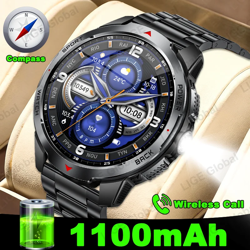

LIGE New Military 1100mAh Large Battery Smart Watch Men 3ATM Compass LED Flashlight Heart Rate Sports Tracker BT Call Smartwatch
