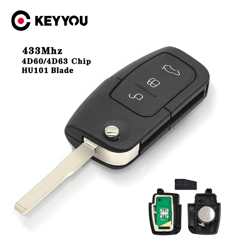 KEYYOU For Ford Focus 3 Mondeo C Max S Max Galaxy Fiesta ASK 433MHz 4D63/4D60 Chip Remote Car Key HU101/FO21 Blade