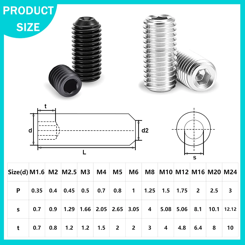 M1.6 M2 M2.5 M3 M4 M5 M6 M8 M10 DIN916 304 Stainless Steel Grade 12.9 Carbon Steel Hex Hexagon Socket Set Screws Grub 5-100pcs