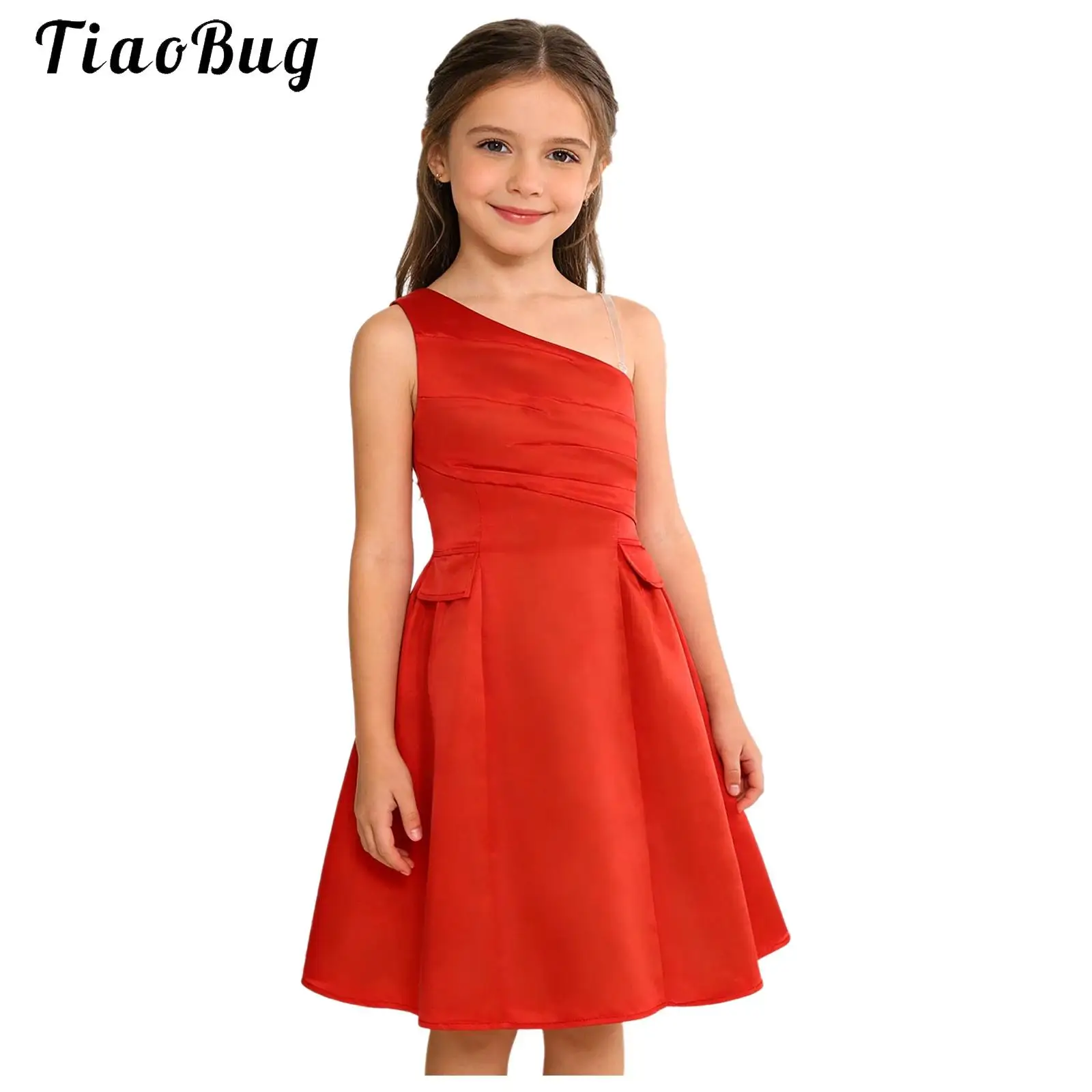 

Kids Girls Elegant Party Dress One Shoulder Sleeveless Ruched Fake Flap Pockets A-line Swing Dress Wedding Birthday Banquet Gown