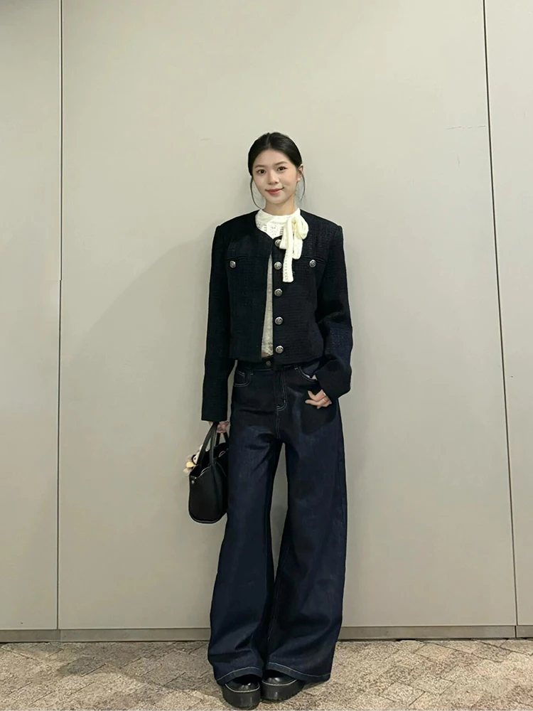 

Джинсы с широкими штанинами Deep Blue Fce на подкладке из флиса, женские джинсы с высокой талией, свободного кроя, весенне-осенние брюки прямого кроя с эффектом похудения