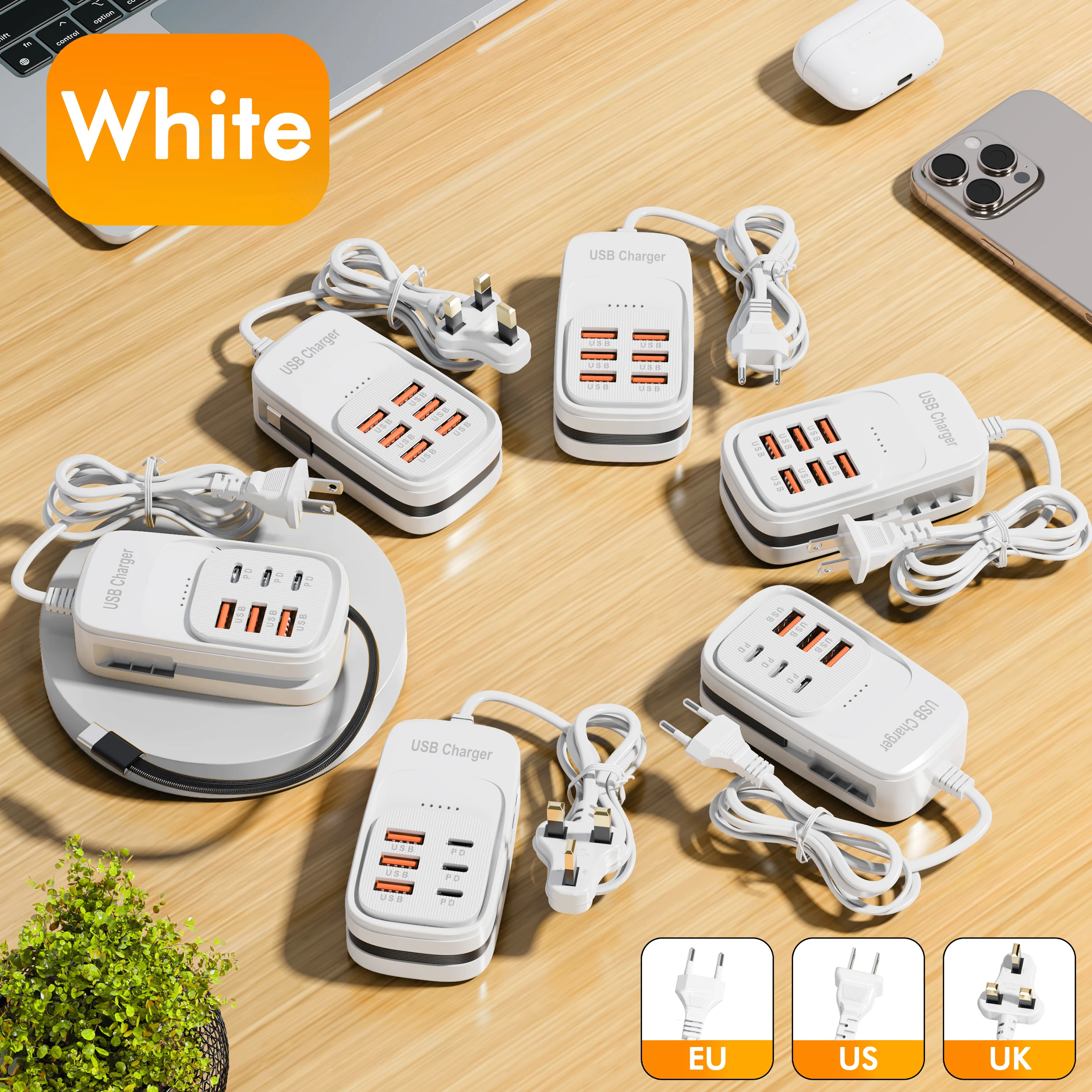 6 Ports Fast Charging Station Power Adapter 3PD 3USB Quick Charge Wall Charger With 1m Type‑C Cable For iPhone 15 Xiaomi Huawei
