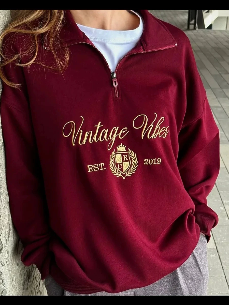 

Свободный свитшот с принтом и молнией, повседневный, ветрозащитный, с дизайнерским надписью, удобный, с длинными рукавами, пуловер