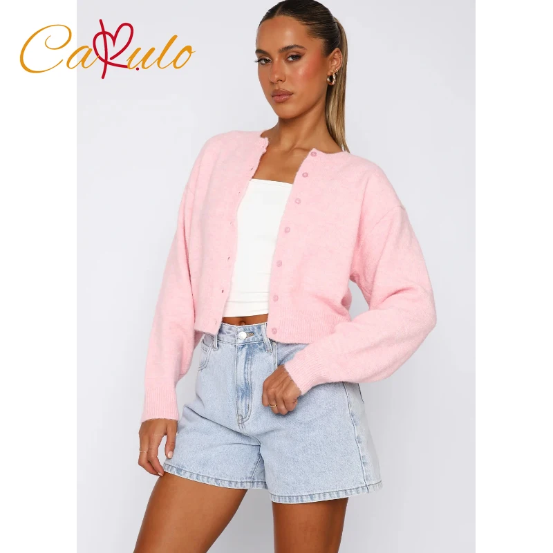 Cakulo Knitted Mohair Cardigans Women Solid O Neck Single Breasted Long Sleeves Sweaters 2025 Autumn Pink All-match Knitwear