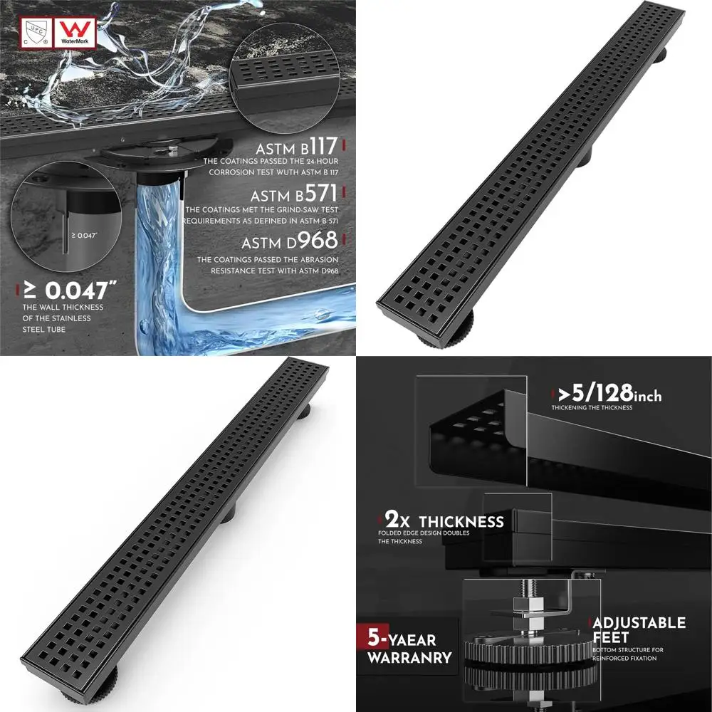 

24 Rectangular Linear Shower Drain with Square Pattern Cover, Matte Black, SUS304 Stainless Steel, CUPC Certified