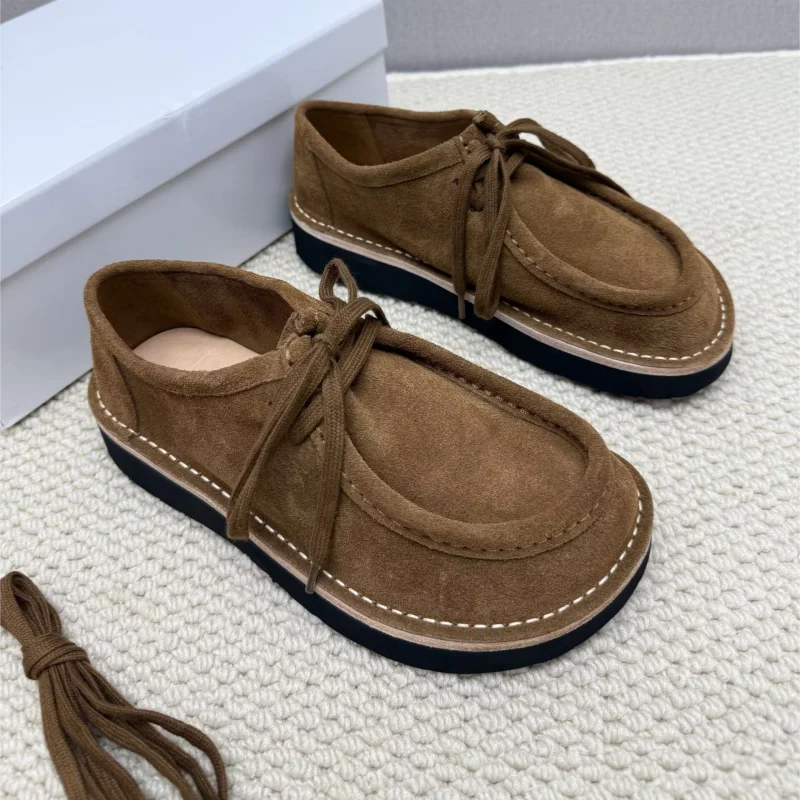 New Autumn Winter Casual Flat Shoes Retro Round Toe Shoes Lace-up Thick Sole Cow Suede Women Shoes Sapato Feminino