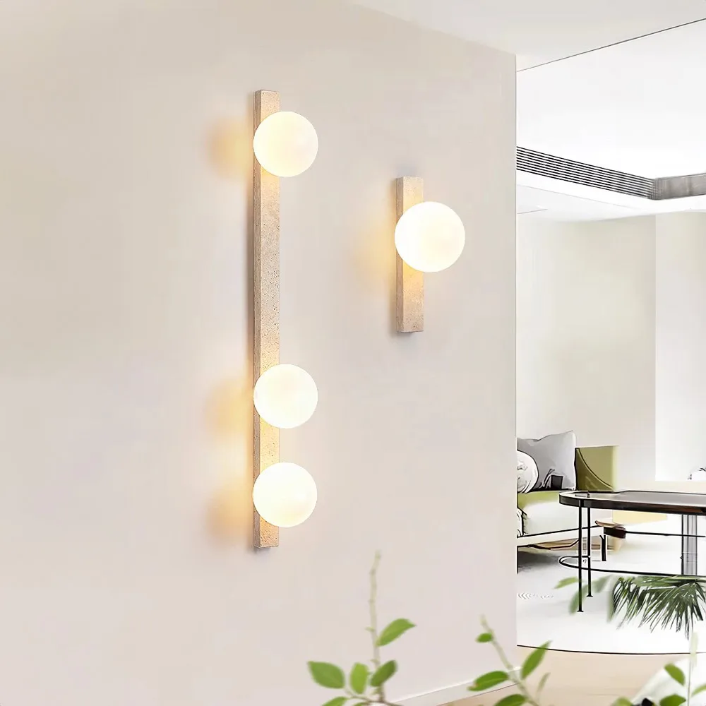 Glass Ball Yellow Travertine Stone, Wabi-sabi Modern style, Wall Sconces Light for Bedroom, Living,  Corridor, Entrance Hall