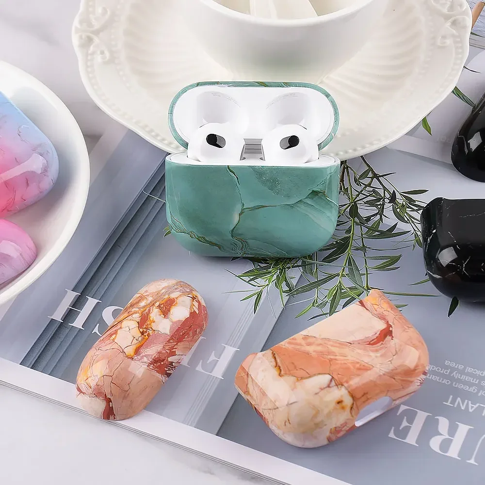 حافظة بنمط رخامي لأجهزة Apple Airpods 4 3h Generation 2024 غطاء كمبيوتر صلب لأجهزة airpods pro حافظة 2 حافظات حماية رخامية Fundas