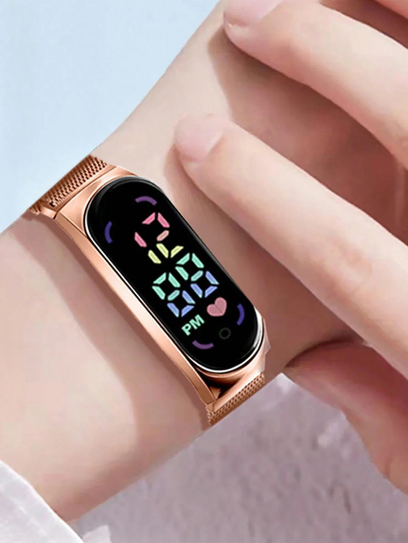 Slim Oval Touch Screen Digital Wrist Watch Rose Gold Milanese Strap Ladies Minimalist LED Time Bracelet