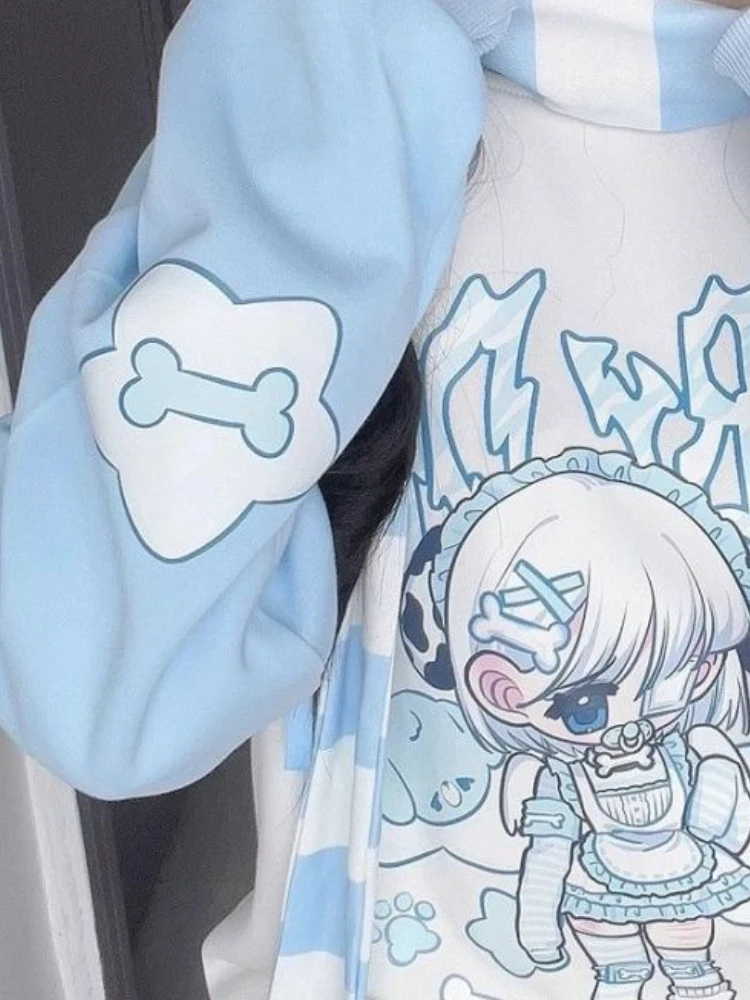 Japanese Cartoon Printing Vintage Hoodie Women Causal Loose Oversized Grunge Sweatshirts Harajuku 2024 Autumn Preppy Style Tops