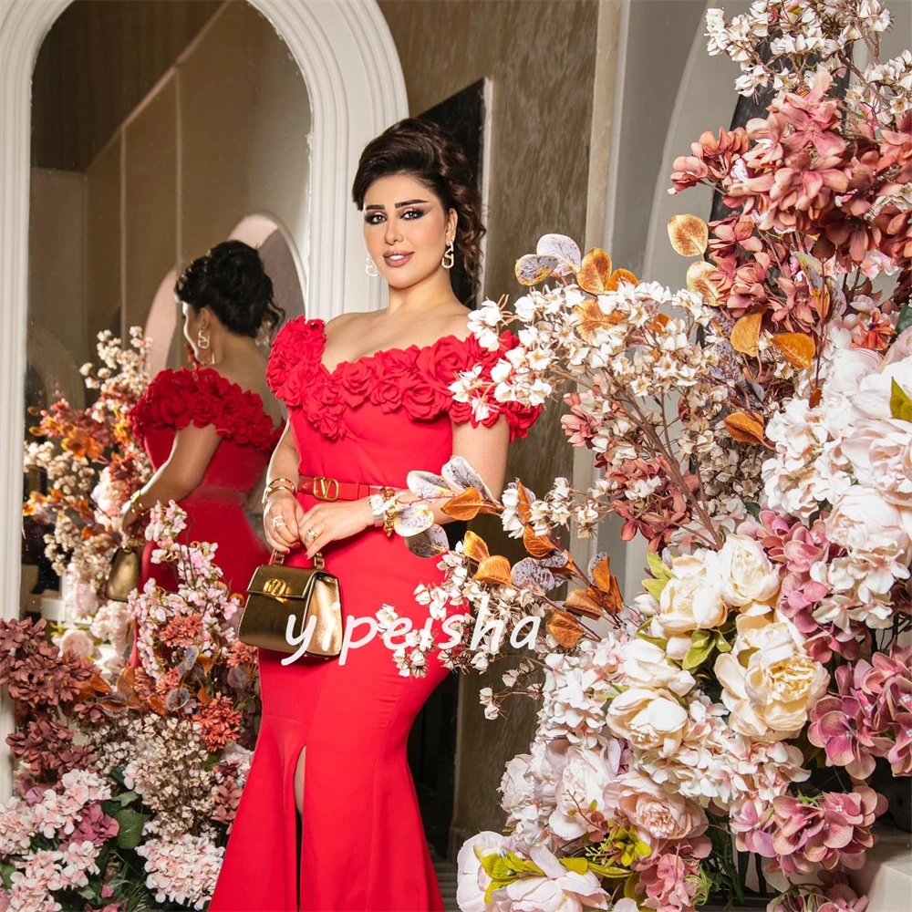 Customized Jersey Sash Flower Ruched Birthday A-line Off-the-shoulder Bespoke Occasion Gown Long Dresses