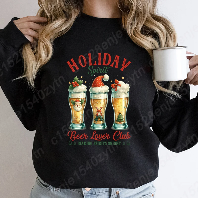 

Christmas Holiday Spirit Beer Lover Club Print Pullovers Women Winter Autumn Crew Neck Hoodless Sweatshirts Pure Color Pullovers