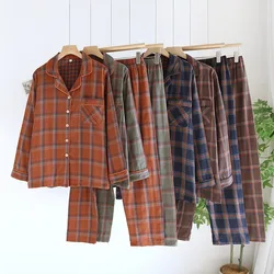 Couple Yarn-dyed Plaid Pajamas Double-layer Cotton Yarn Home Clothes Thin Long Sleeve Pants Loungewear Women 2 Piece Sets