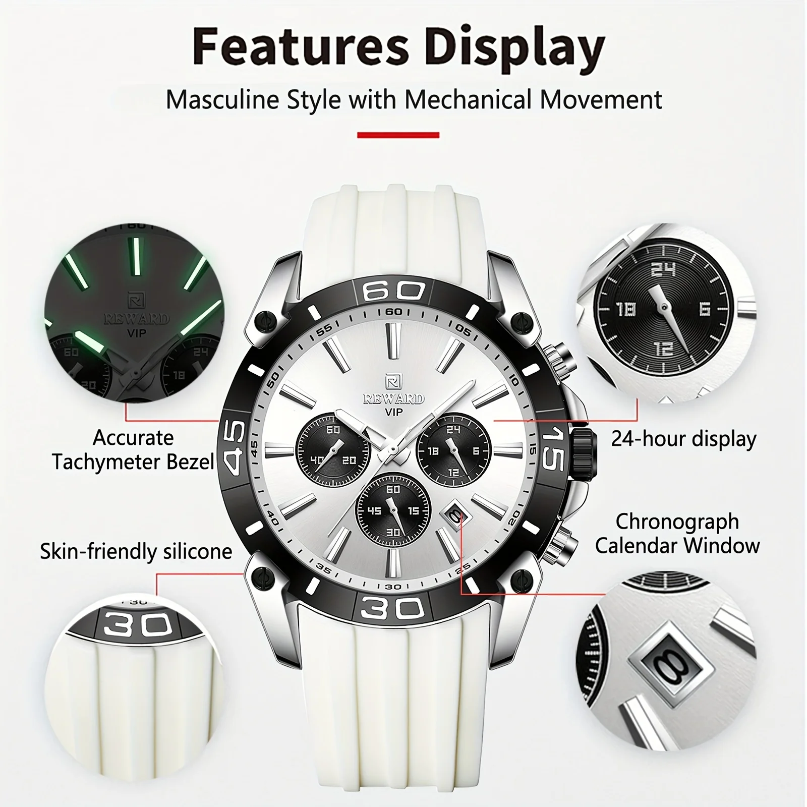 مكافأة الكوارتز الرياضية التقويم الأزياء كرونوغراف الساعات للرجال سيليكون حزام الذكور على مدار الساعة مع صندوق