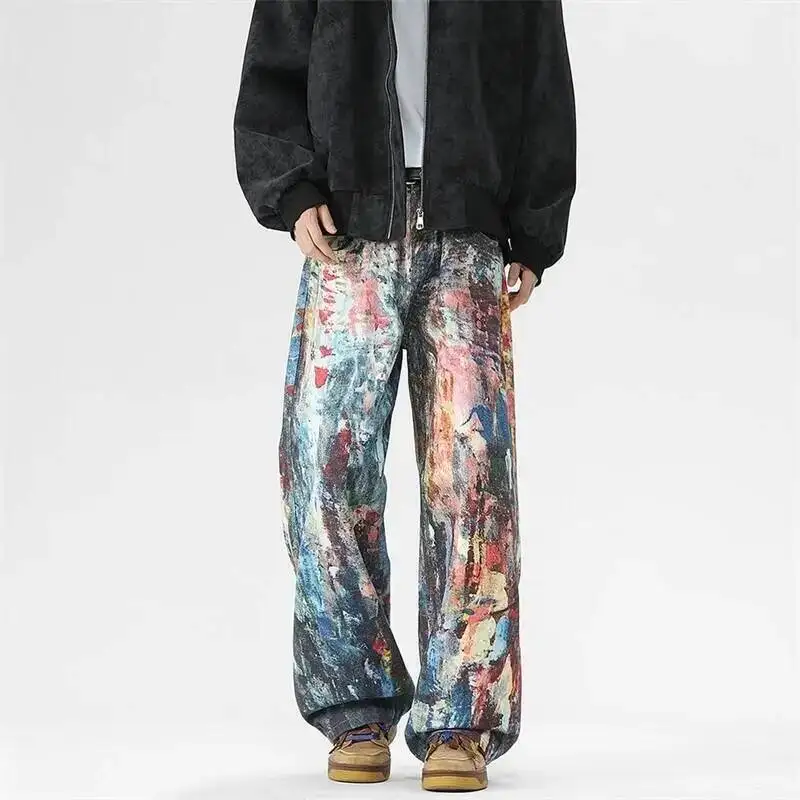 Spring New Men's Denim Pants Colorful Oil Painting Print Loose Jeans Trendy Burnt SaltWashed Streetwear Trousers RQEU