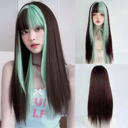 Women Synthetic Long Straight Green Brown Layered Ombre Mix Wig Lolita Cosplay Fluffy Hair Wig for Daily Party
