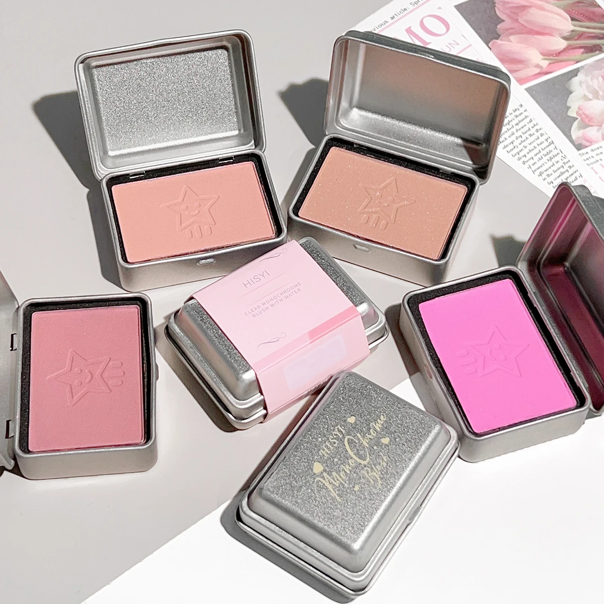 4 ألوان متوفرة صندوق حديد أحمر خدود أحادي اللون، لوحة أحمر خدود غير لامعة بلون الخوخ لتفتيح لون البشرة، تعديل لون المخطط المخطط