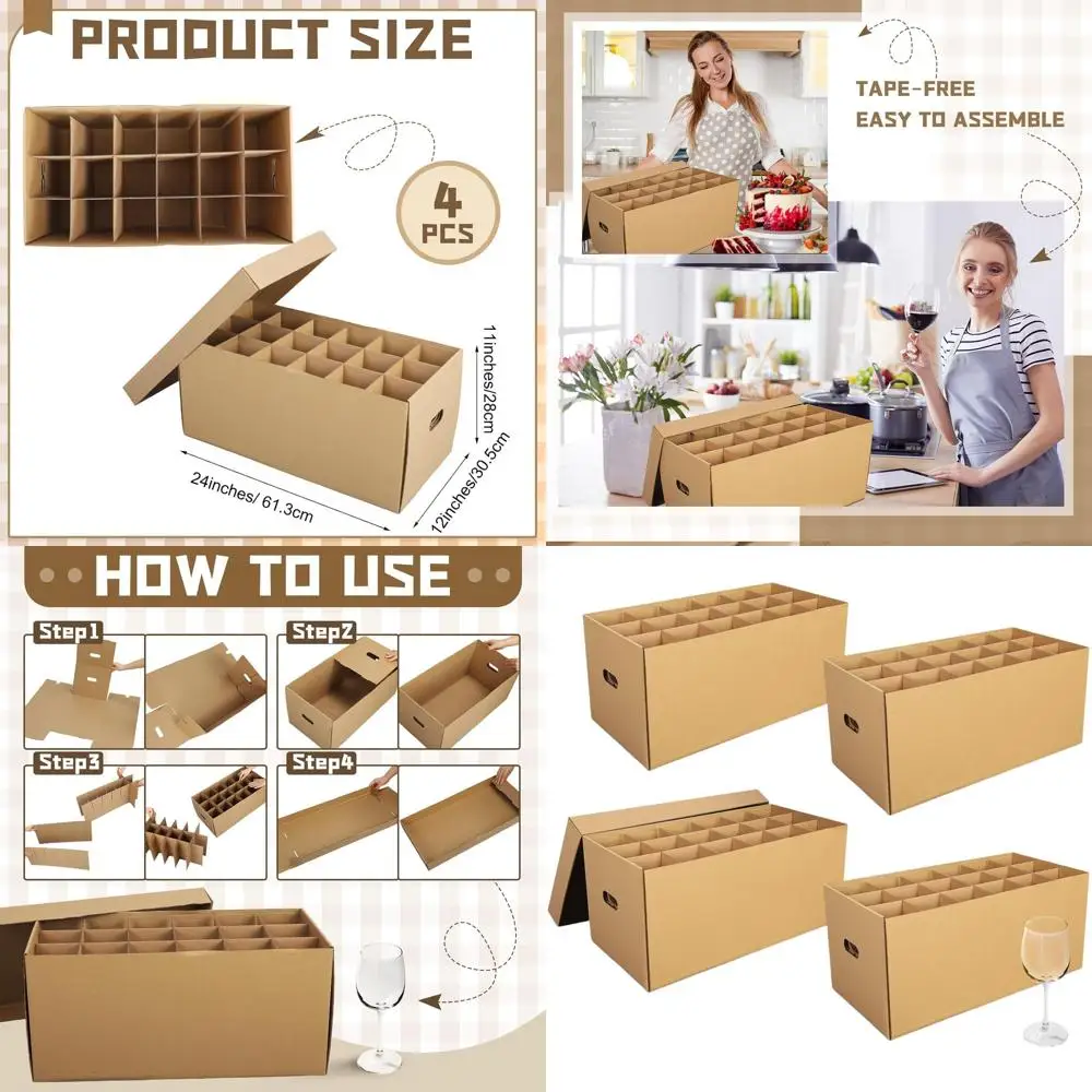 

Set of 4 Wine & Kitchen Moving Boxes with Handle, Dish & Glassware Storage (24x12x11 Inches, Brown)